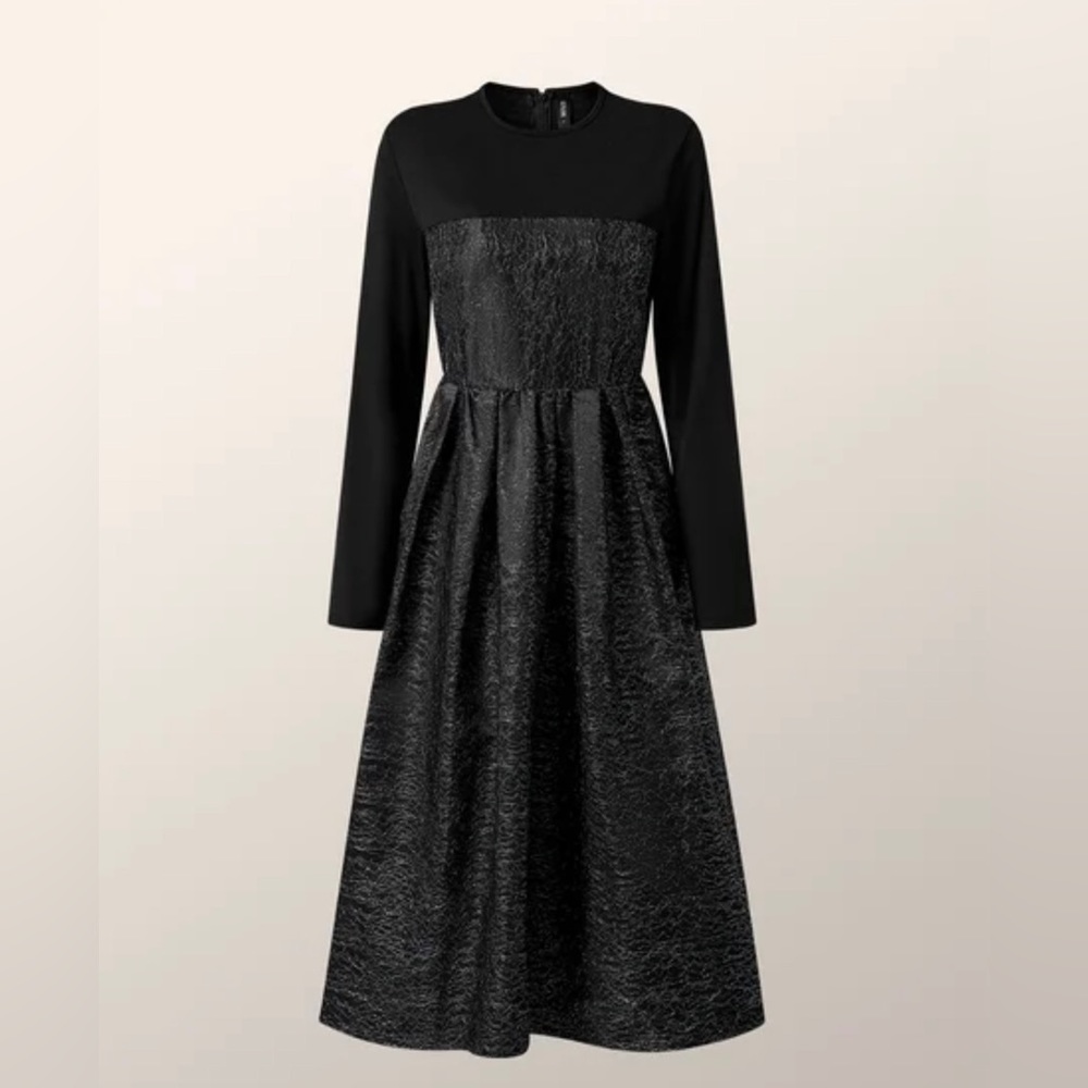 Black Long Sleeve Textured Midi Dress